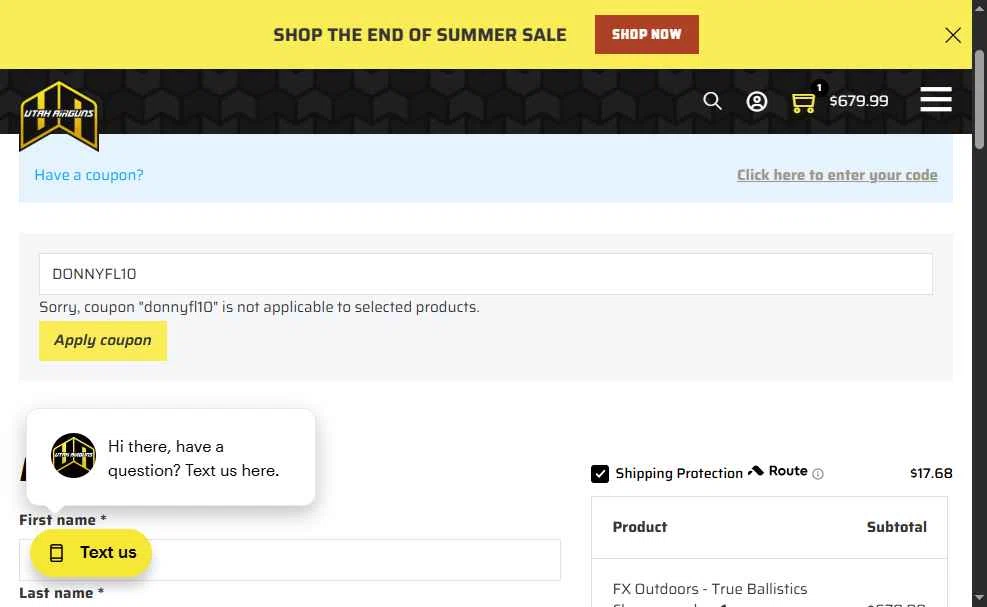 Utah Airguns checkout page showing Utah Airguns coupon code box | Screenshot taken by SimplyCodes community member on Sep 18, 2025