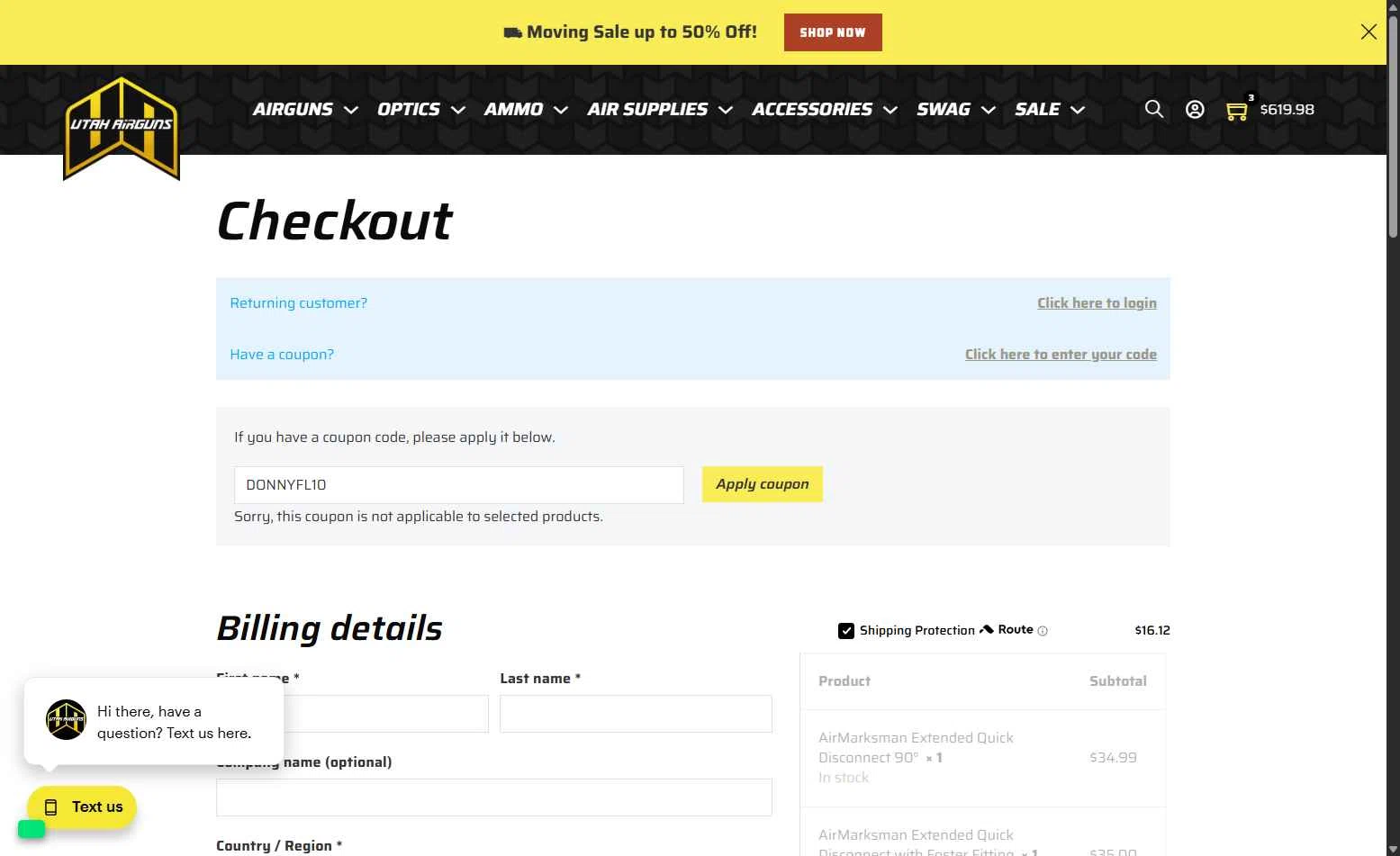 Utah Airguns checkout page showing Utah Airguns coupon code box | Screenshot taken by SimplyCodes community member on Aug 4, 2025