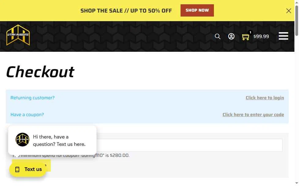Utah Airguns checkout page showing Utah Airguns coupon code box | Screenshot taken by SimplyCodes community member on Oct 2, 2025