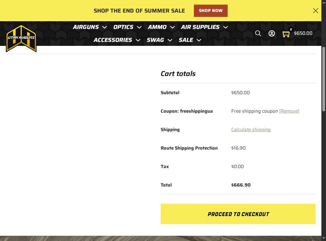 Utah Airguns checkout page showing Utah Airguns coupon code box | Screenshot taken by SimplyCodes community member on Oct 1, 2025