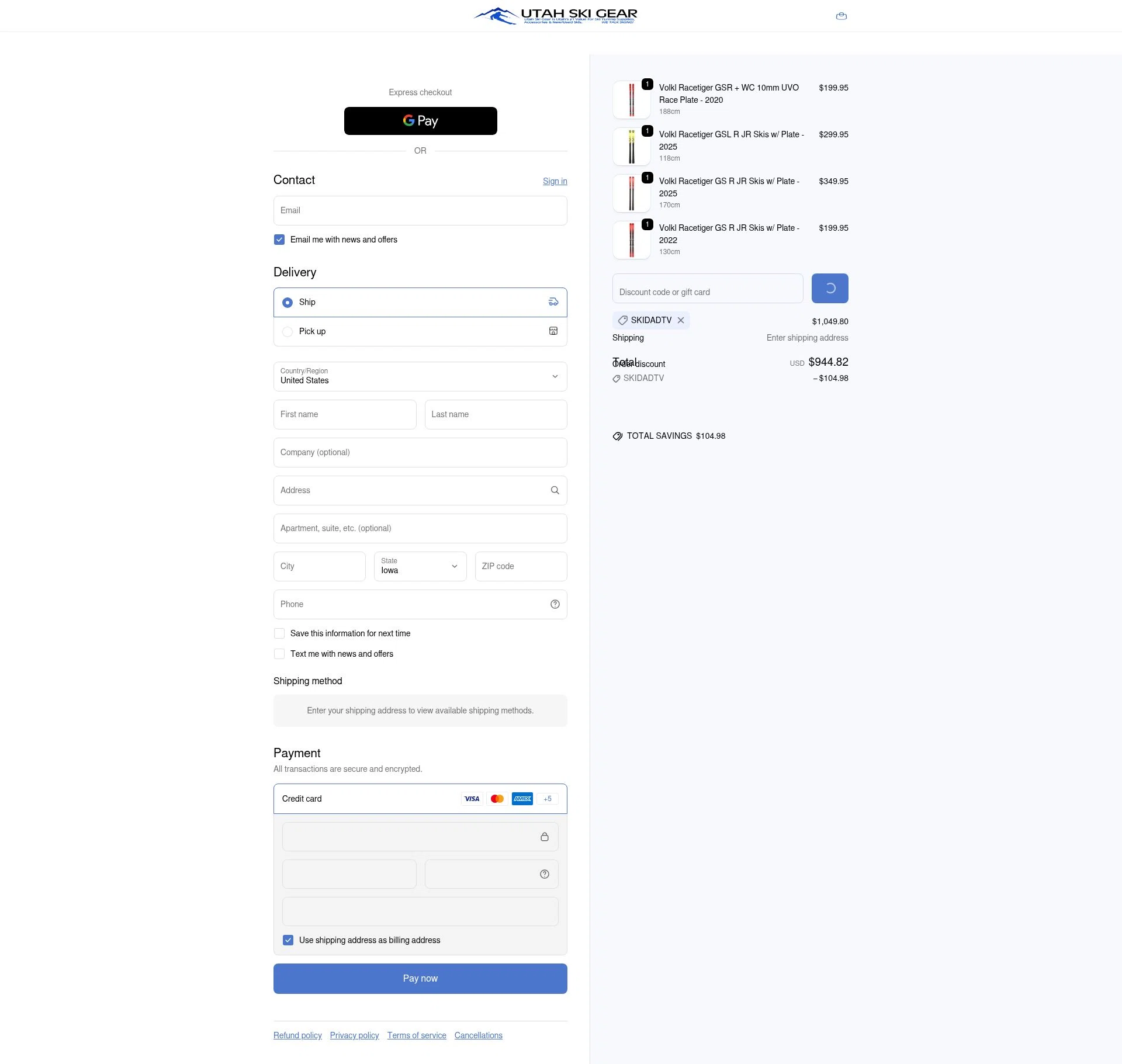 Utah Ski Gear checkout page showing Utah Ski Gear discount code box | Screenshot taken by SimplyCodes community member on Dec 31, 2025
