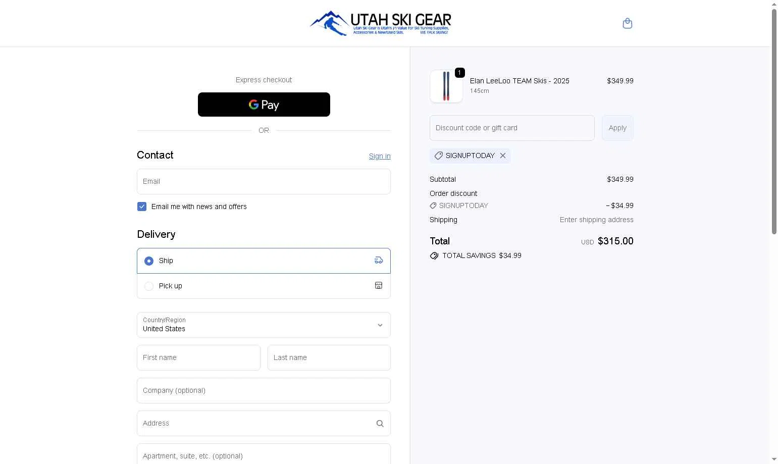 Utah Ski Gear checkout page showing Utah Ski Gear discount code box | Screenshot taken by SimplyCodes community member on Dec 26, 2025