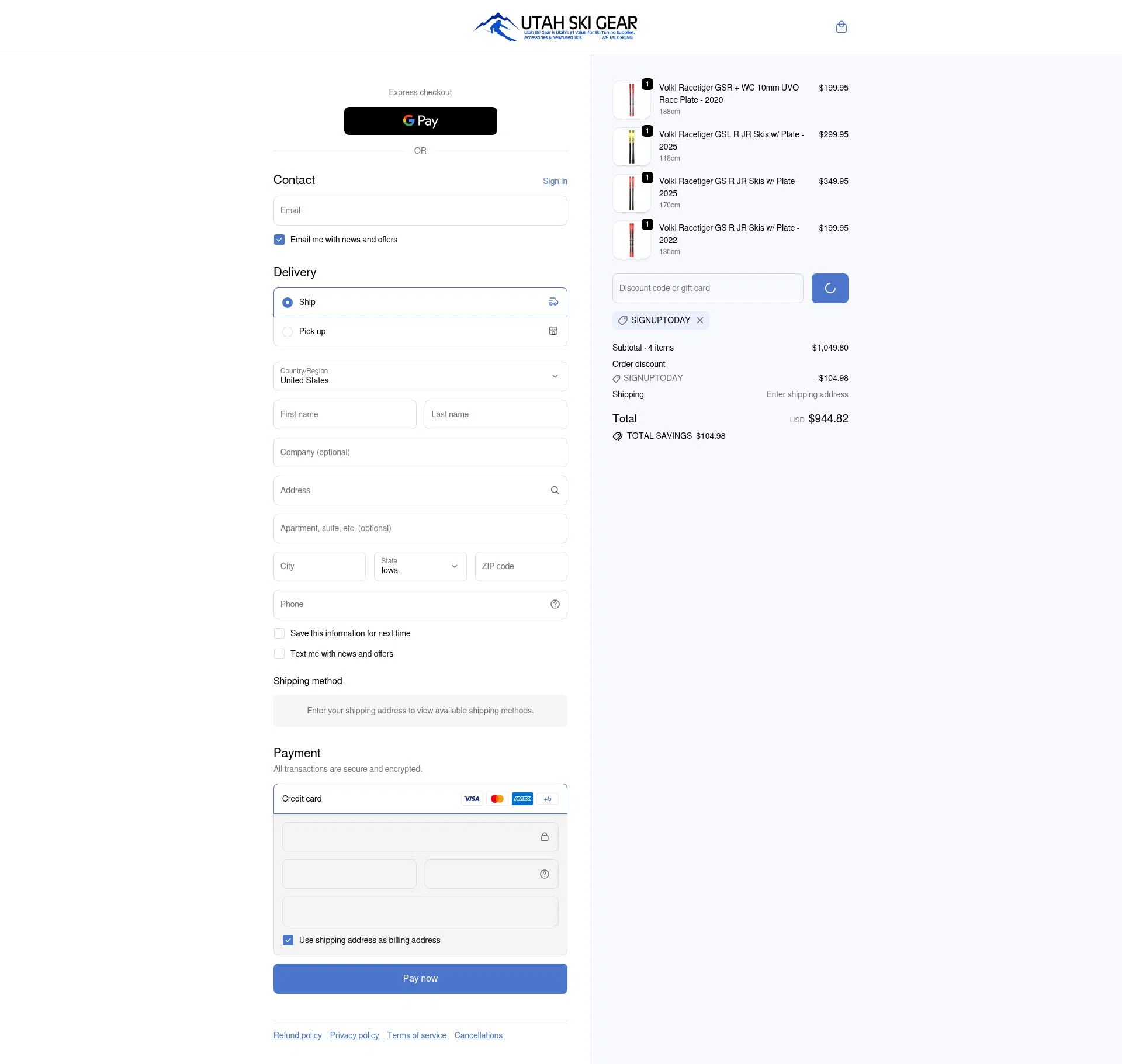 Utah Ski Gear checkout page showing Utah Ski Gear discount code box | Screenshot taken by SimplyCodes community member on Dec 31, 2025