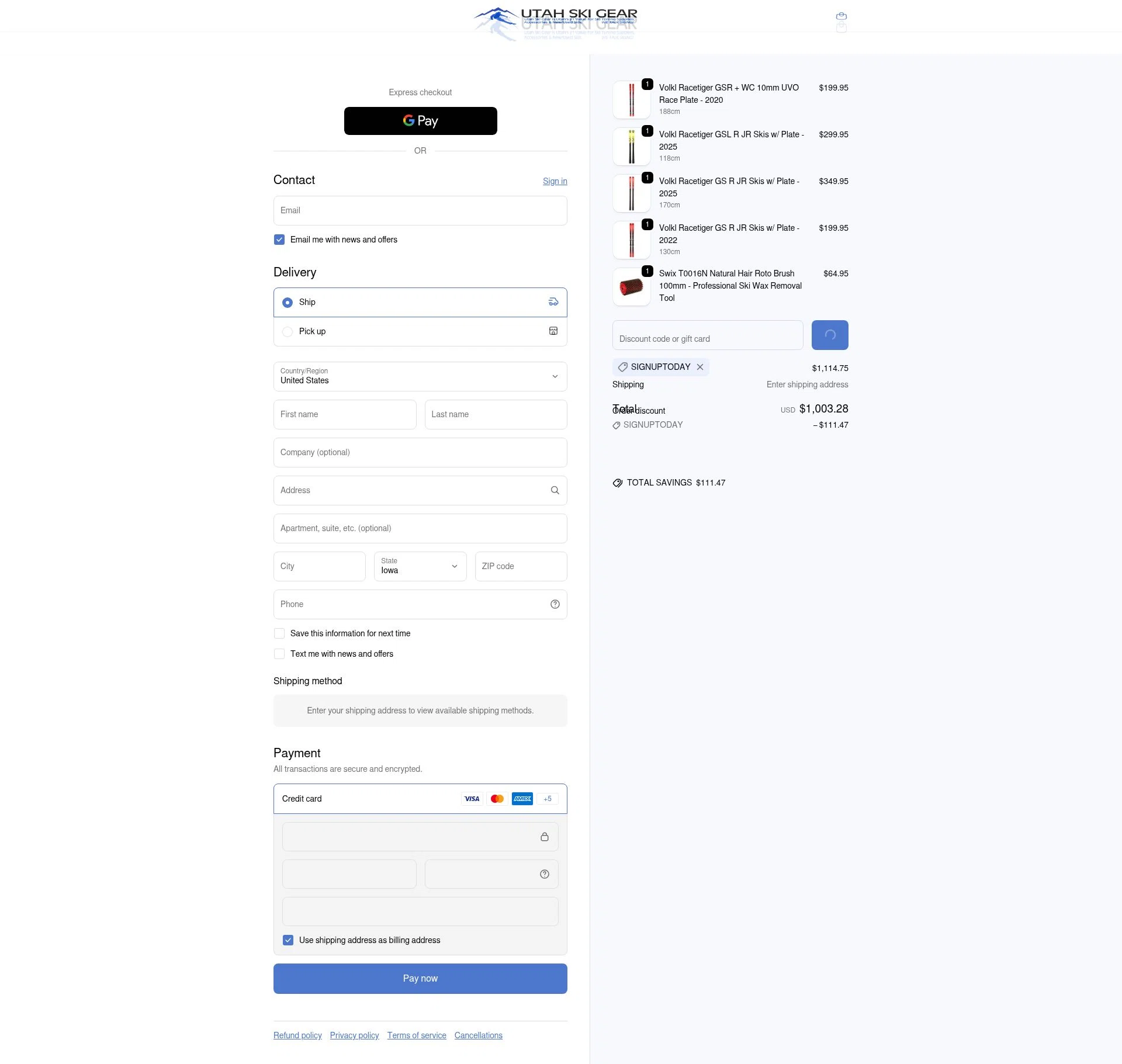 Utah Ski Gear checkout page showing Utah Ski Gear discount code box | Screenshot taken by SimplyCodes community member on Dec 26, 2025