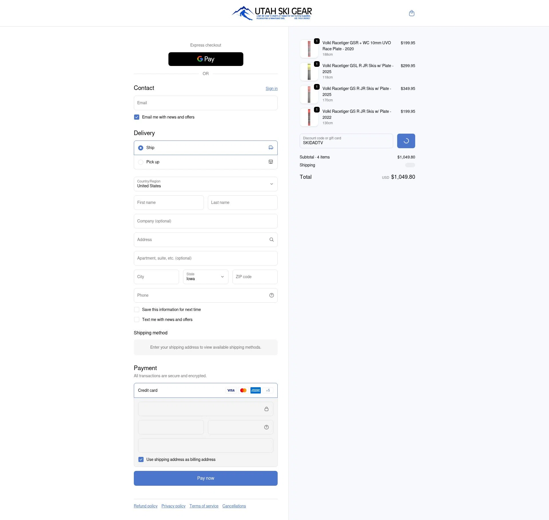 Utah Ski Gear checkout page showing Utah Ski Gear discount code box | Screenshot taken by SimplyCodes community member on Jan 5, 2026
