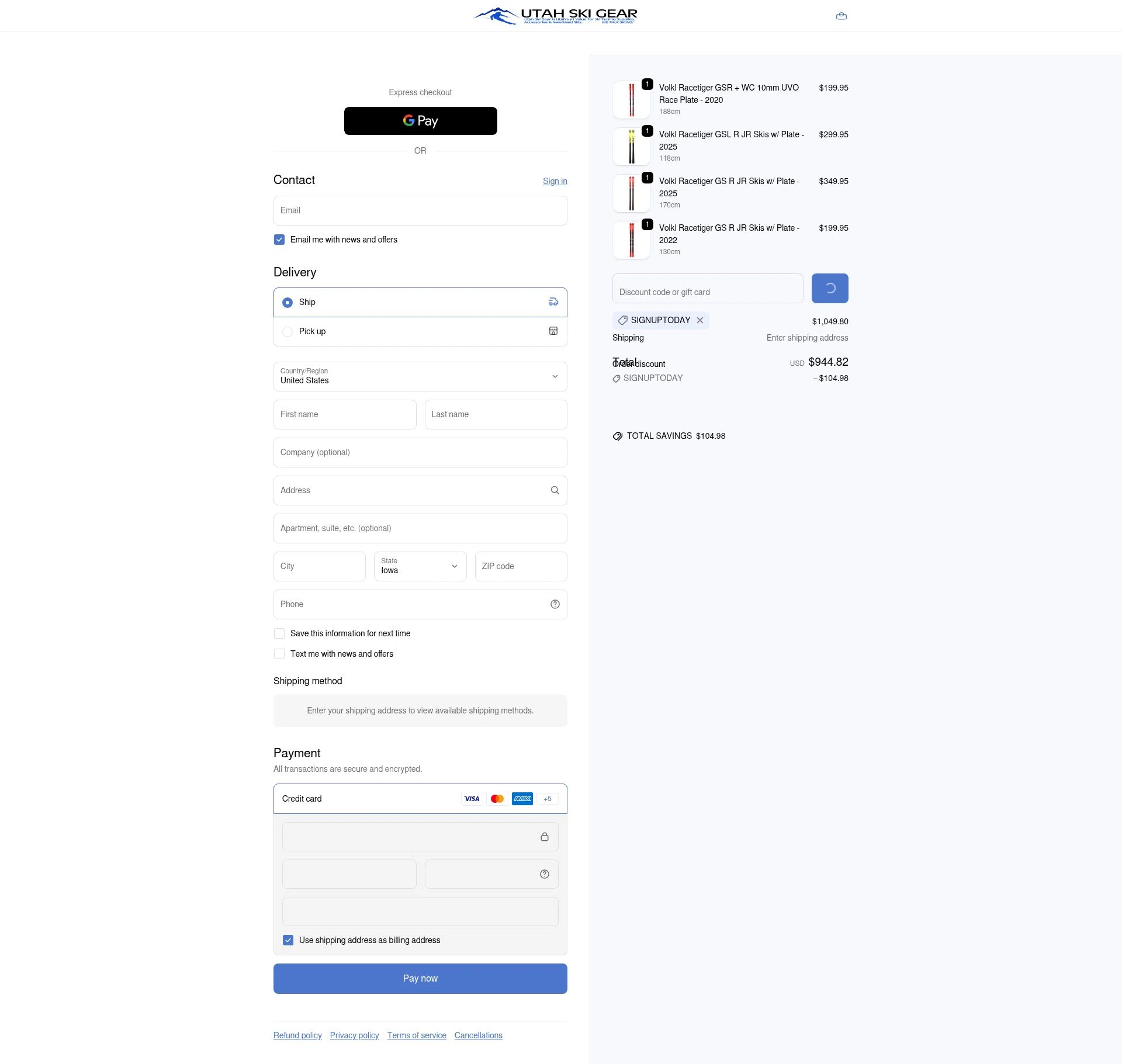 Utah Ski Gear checkout page showing Utah Ski Gear discount code box | Screenshot taken by SimplyCodes community member on Jan 5, 2026