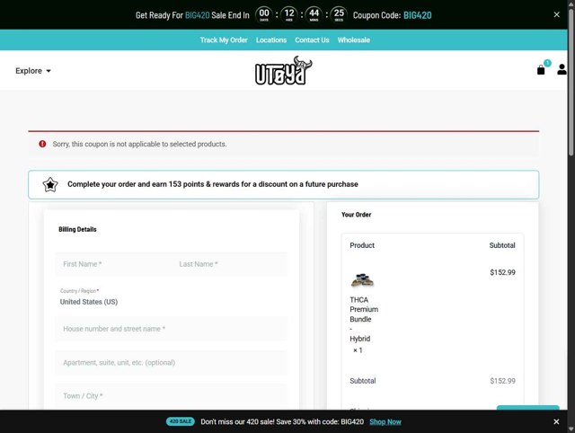 Utoya checkout page showing Utoya discount code box | Screenshot taken by SimplyCodes community member on Apr 20, 2025