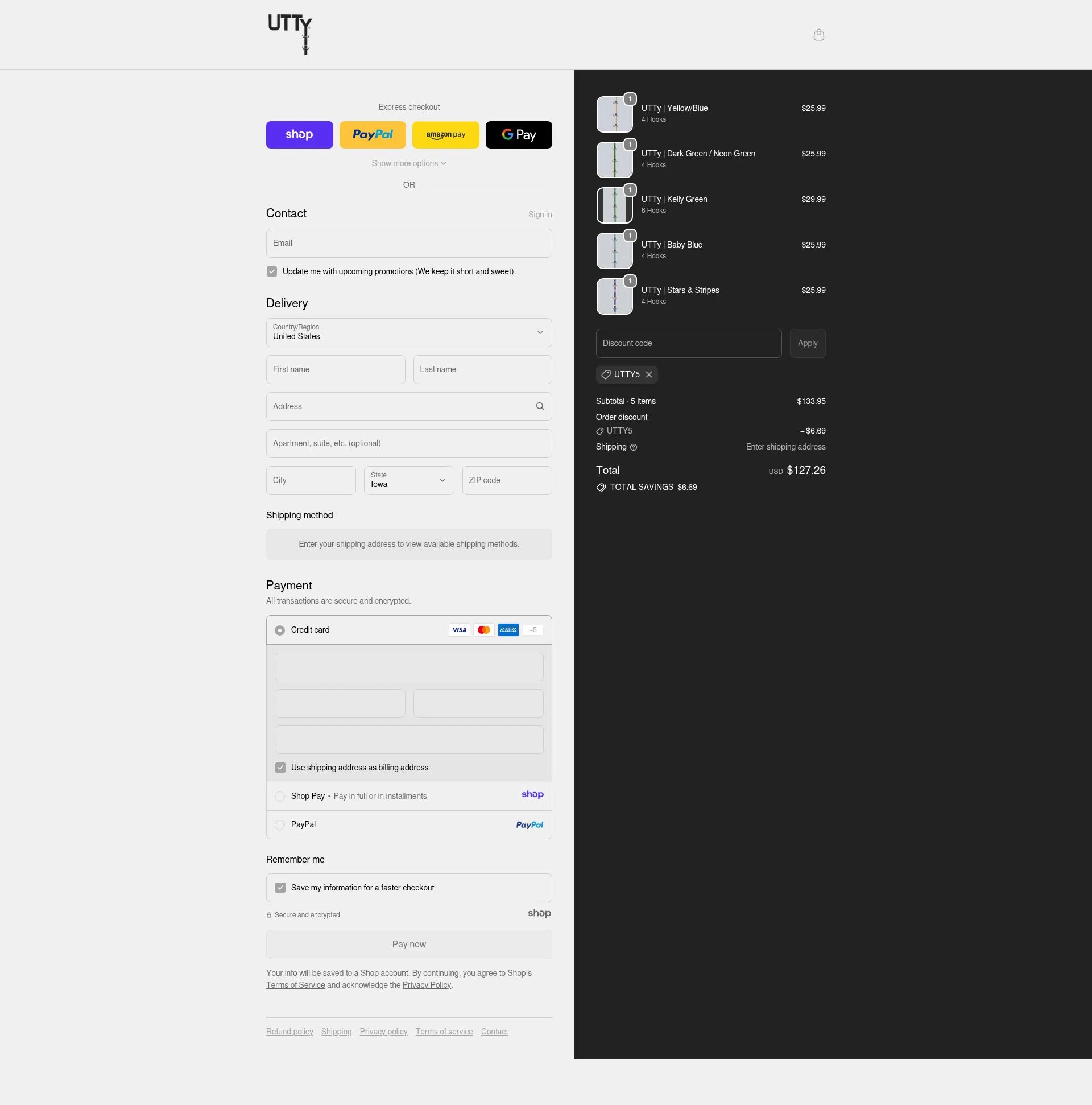 UTTy checkout page showing UTTy promo code box | Screenshot taken by SimplyCodes community member on Dec 29, 2025
