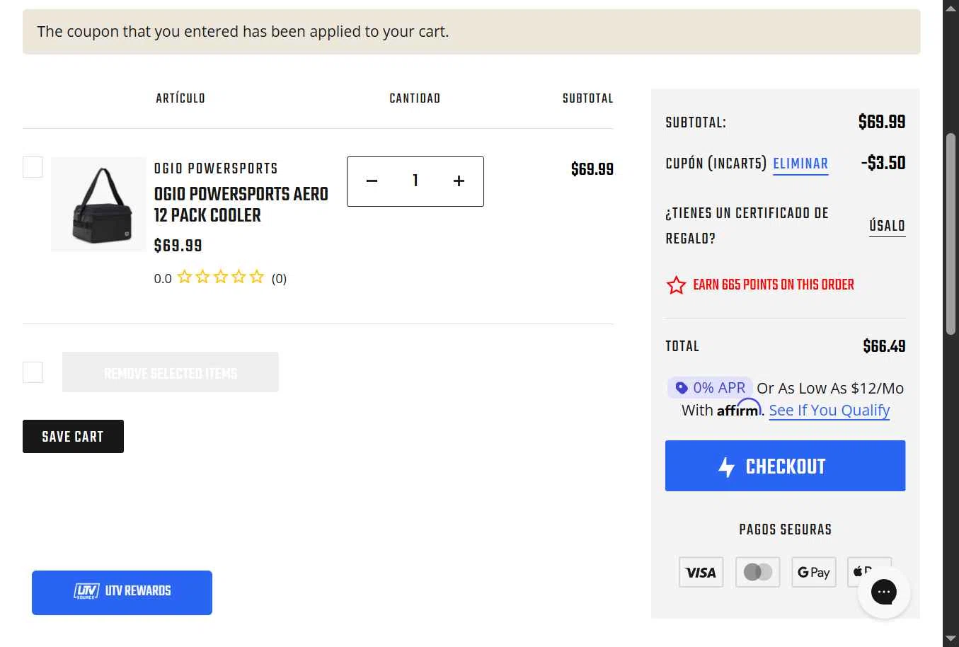UTV Source checkout page showing UTV Source coupon code box | Screenshot taken by SimplyCodes community member on Dec 5, 2025
