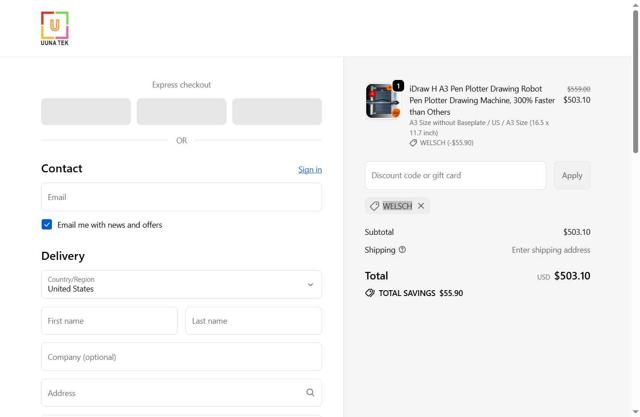 UUNA TEK checkout page showing UUNA TEK promo code box | Screenshot taken by SimplyCodes community member on Sep 28, 2025