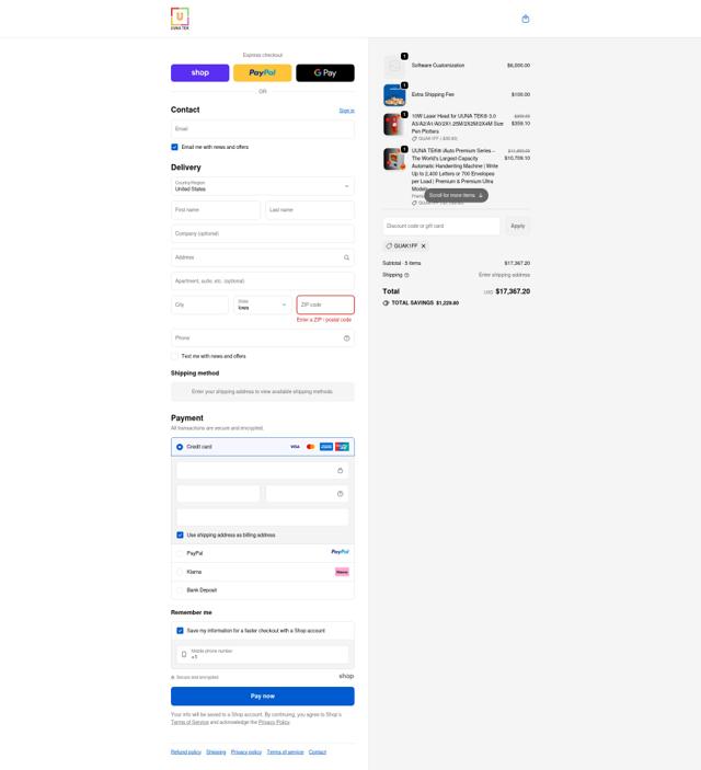 UUNA TEK checkout page showing UUNA TEK promo code box | Screenshot taken by SimplyCodes community member on Sep 23, 2025