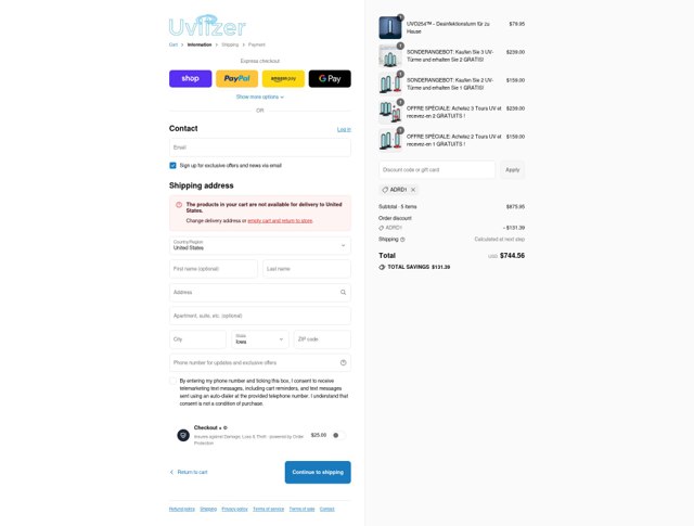 Uvlizer checkout page showing Uvlizer discount code box | Screenshot taken by SimplyCodes community member on Sep 6, 2025