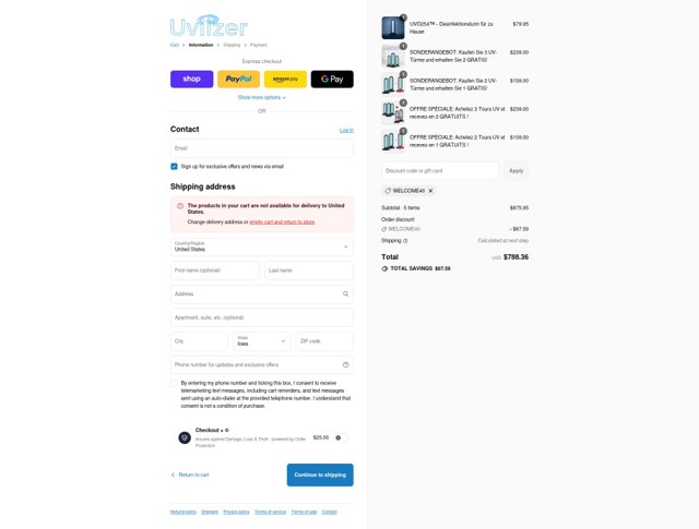 Uvlizer checkout page showing Uvlizer discount code box | Screenshot taken by SimplyCodes community member on Sep 6, 2025