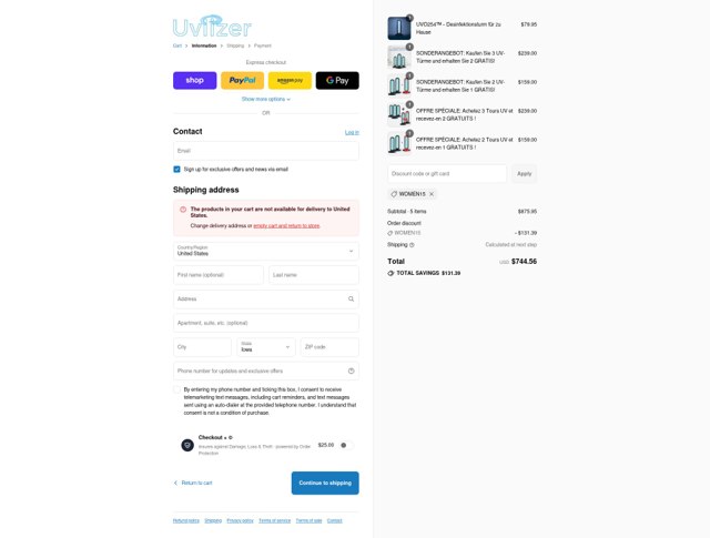 Uvlizer checkout page showing Uvlizer discount code box | Screenshot taken by SimplyCodes community member on Sep 6, 2025