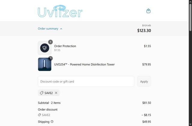 Uvlizer checkout page showing Uvlizer discount code box | Screenshot taken by SimplyCodes community member on Sep 6, 2025