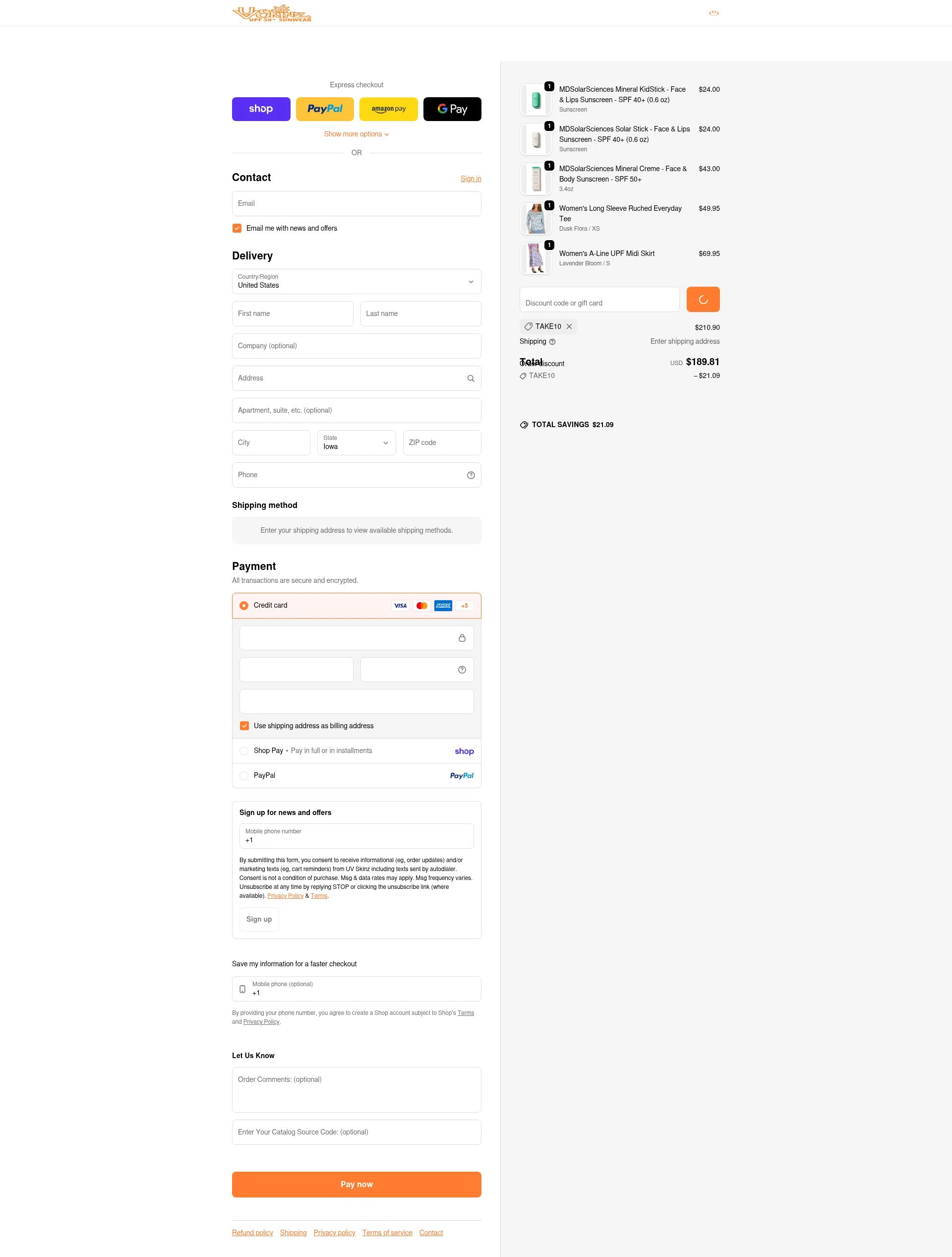 UV Skinz checkout page showing UV Skinz coupon code box | Screenshot taken by SimplyCodes community member on Feb 9, 2026