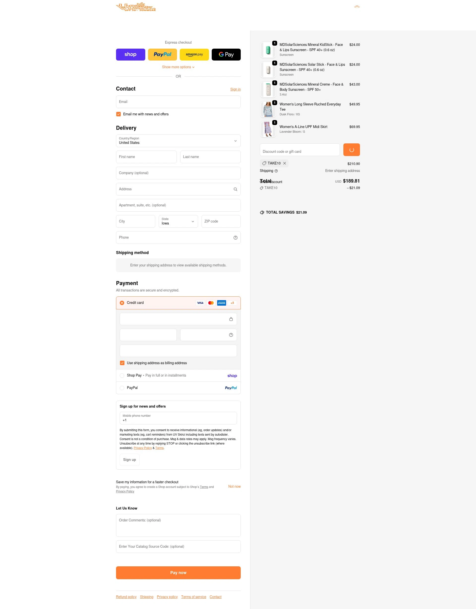 UV Skinz checkout page showing UV Skinz coupon code box | Screenshot taken by SimplyCodes community member on Feb 14, 2026