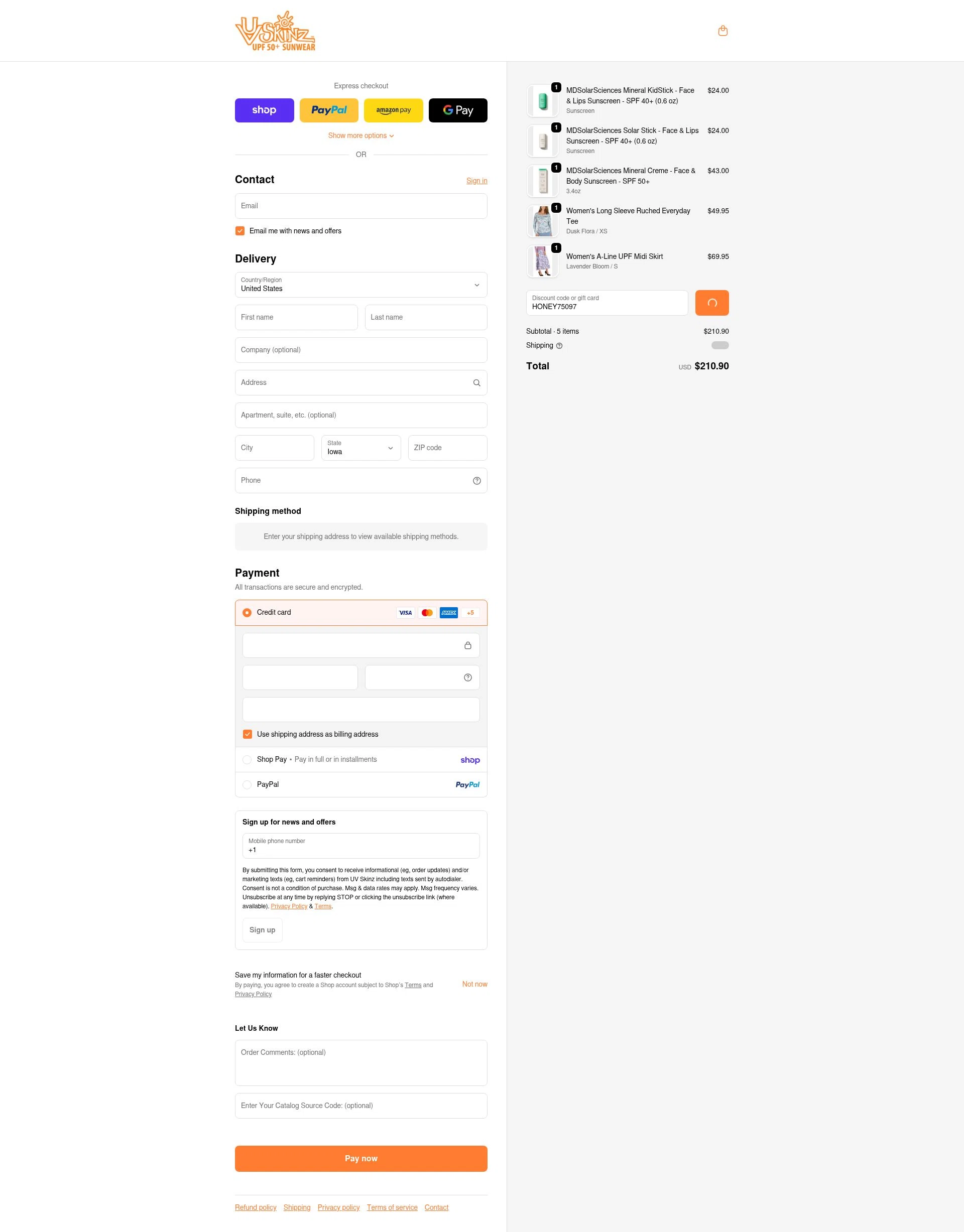 UV Skinz checkout page showing UV Skinz coupon code box | Screenshot taken by SimplyCodes community member on Feb 14, 2026