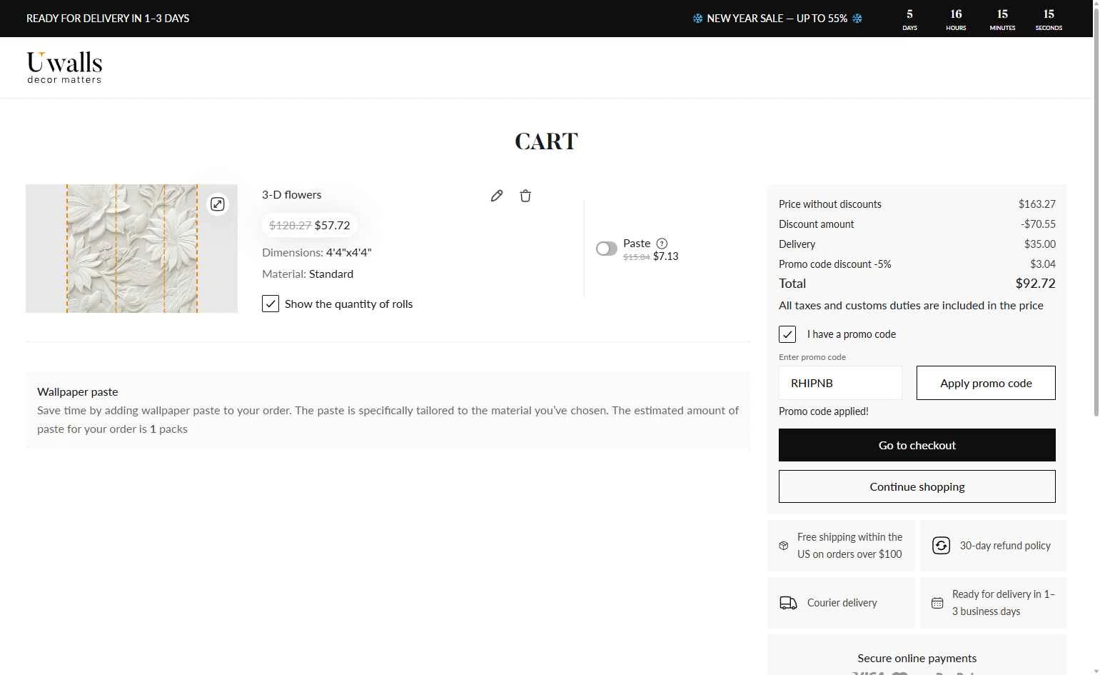 Uwalls checkout page showing Uwalls promo code box | Screenshot taken by SimplyCodes community member on Dec 31, 2025