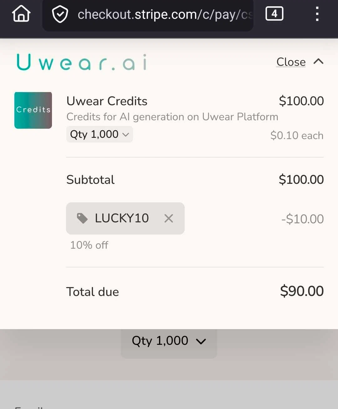 Uwear.ai promo code screenshot showing code LUCKY10 applied at Uwear.ai checkout page. Uploaded by SimplyCodes community member DealTracker1779 on Oct 26, 2025