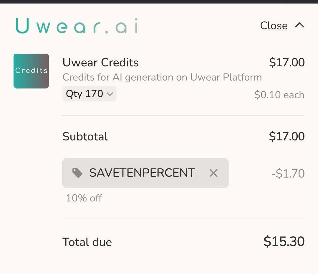 Uwear.ai promo code screenshot showing code SAVETENPERCENT applied at Uwear.ai checkout page. Uploaded by SimplyCodes community member NobleSleuth8104 on Sep 9, 2025