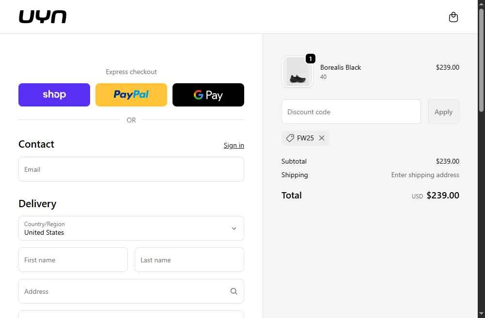 UYN checkout page showing UYN coupon code box | Screenshot taken by SimplyCodes community member on Oct 10, 2025
