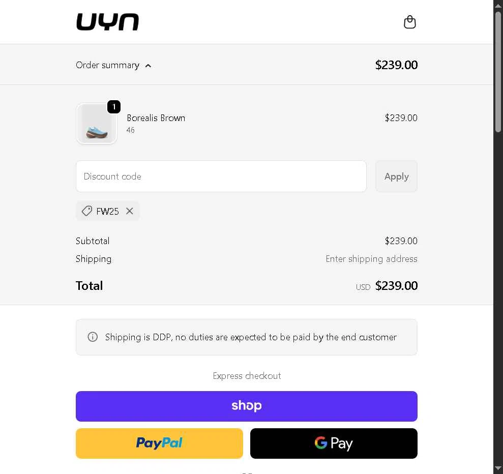 UYN checkout page showing UYN coupon code box | Screenshot taken by SimplyCodes community member on Oct 10, 2025