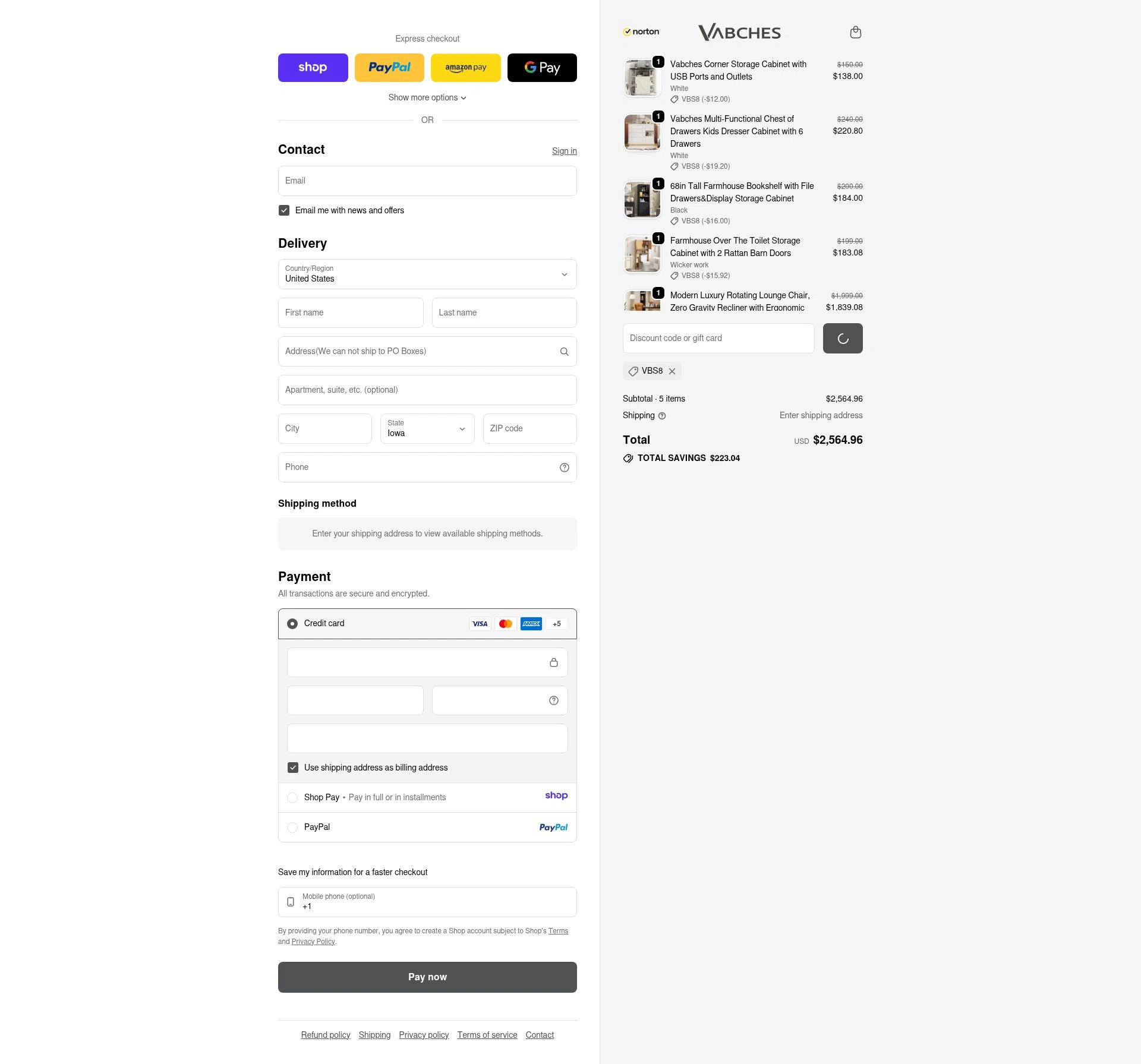 Vabches checkout page showing Vabches discount code box | Screenshot taken by SimplyCodes community member on Jan 11, 2026