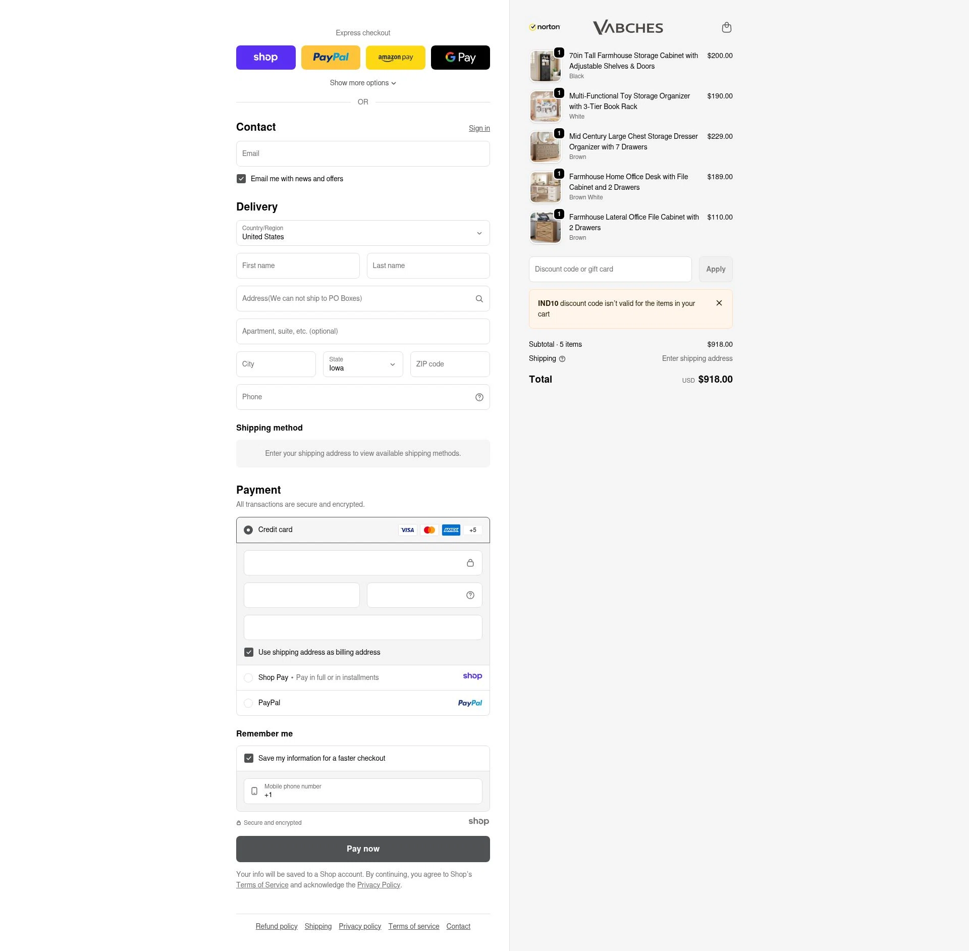 Vabches checkout page showing Vabches discount code box | Screenshot taken by SimplyCodes community member on Jan 5, 2026