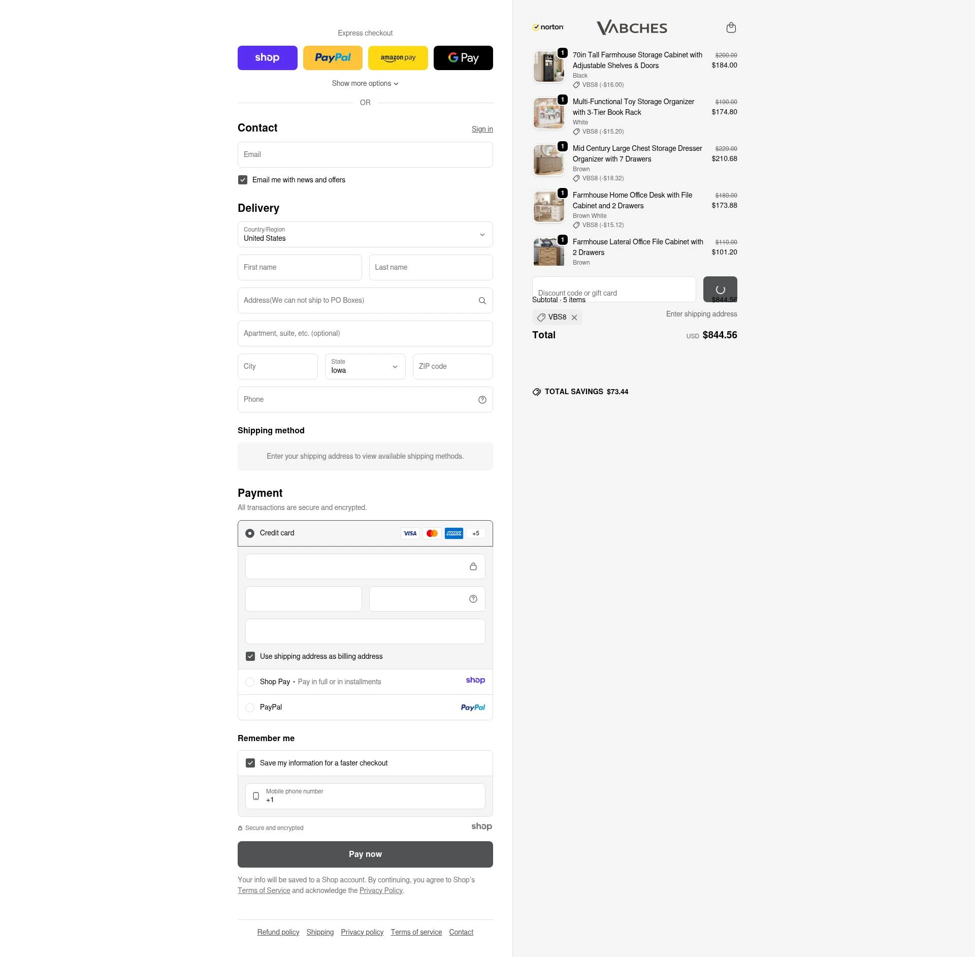 Vabches checkout page showing Vabches discount code box | Screenshot taken by SimplyCodes community member on Jan 5, 2026