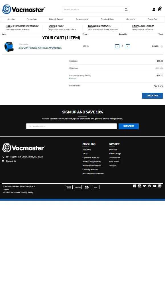 Vacmaster checkout page showing Vacmaster coupon code box | Screenshot taken by SimplyCodes community member on Dec 5, 2025