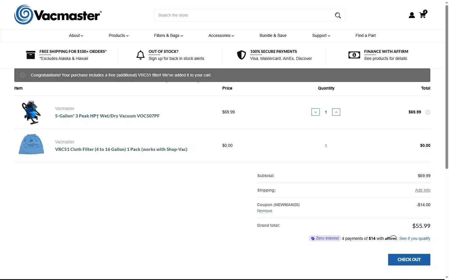 Vacmaster checkout page showing Vacmaster coupon code box | Screenshot taken by SimplyCodes community member on Jan 25, 2026