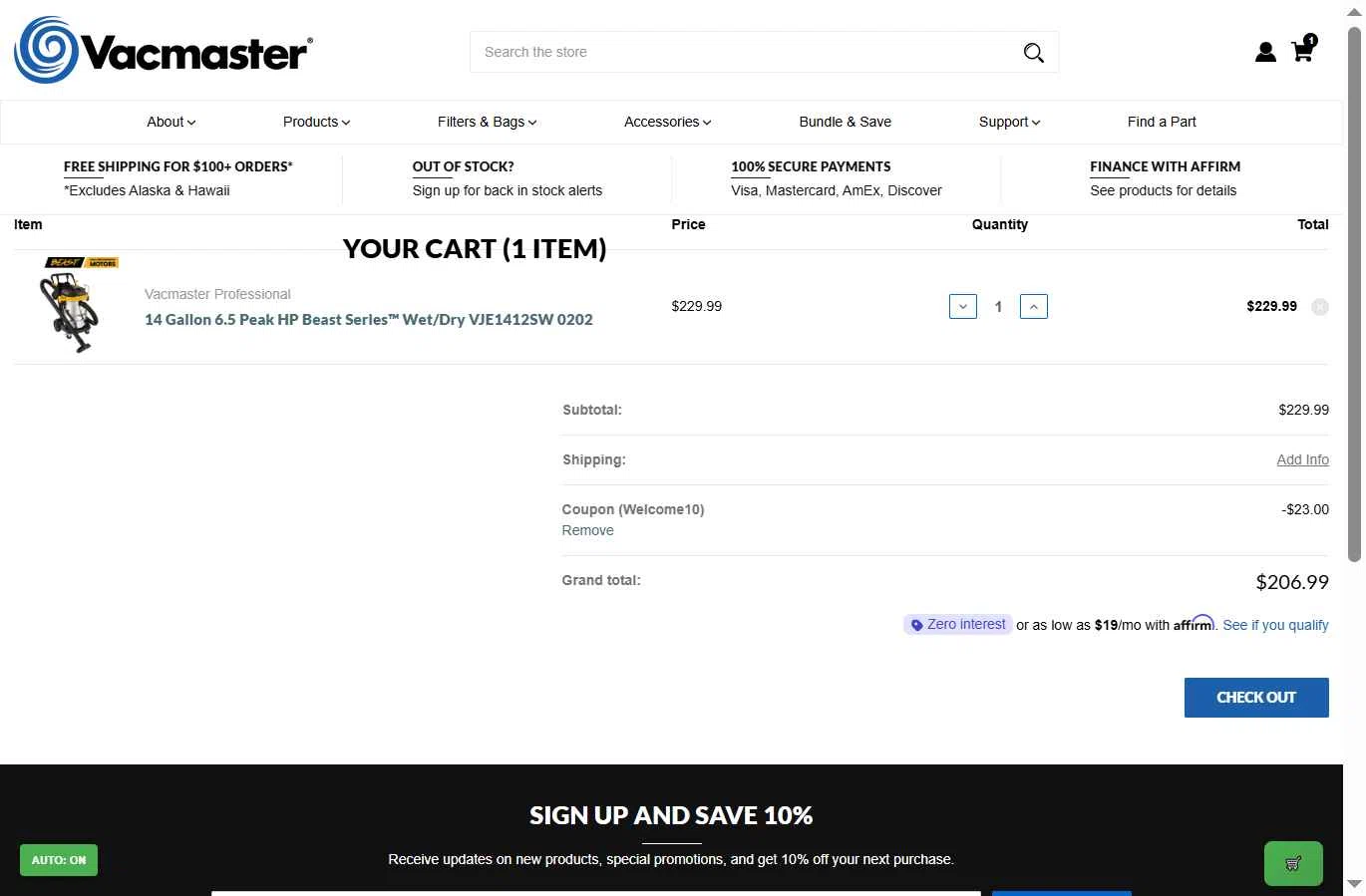 Vacmaster checkout page showing Vacmaster coupon code box | Screenshot taken by SimplyCodes community member on Dec 15, 2025