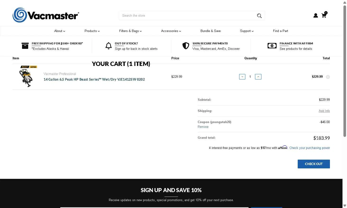 Vacmaster checkout page showing Vacmaster coupon code box | Screenshot taken by SimplyCodes community member on Nov 6, 2025