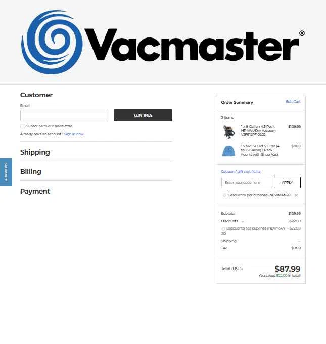 Vacmaster checkout page showing Vacmaster coupon code box | Screenshot taken by SimplyCodes community member on Feb 3, 2026