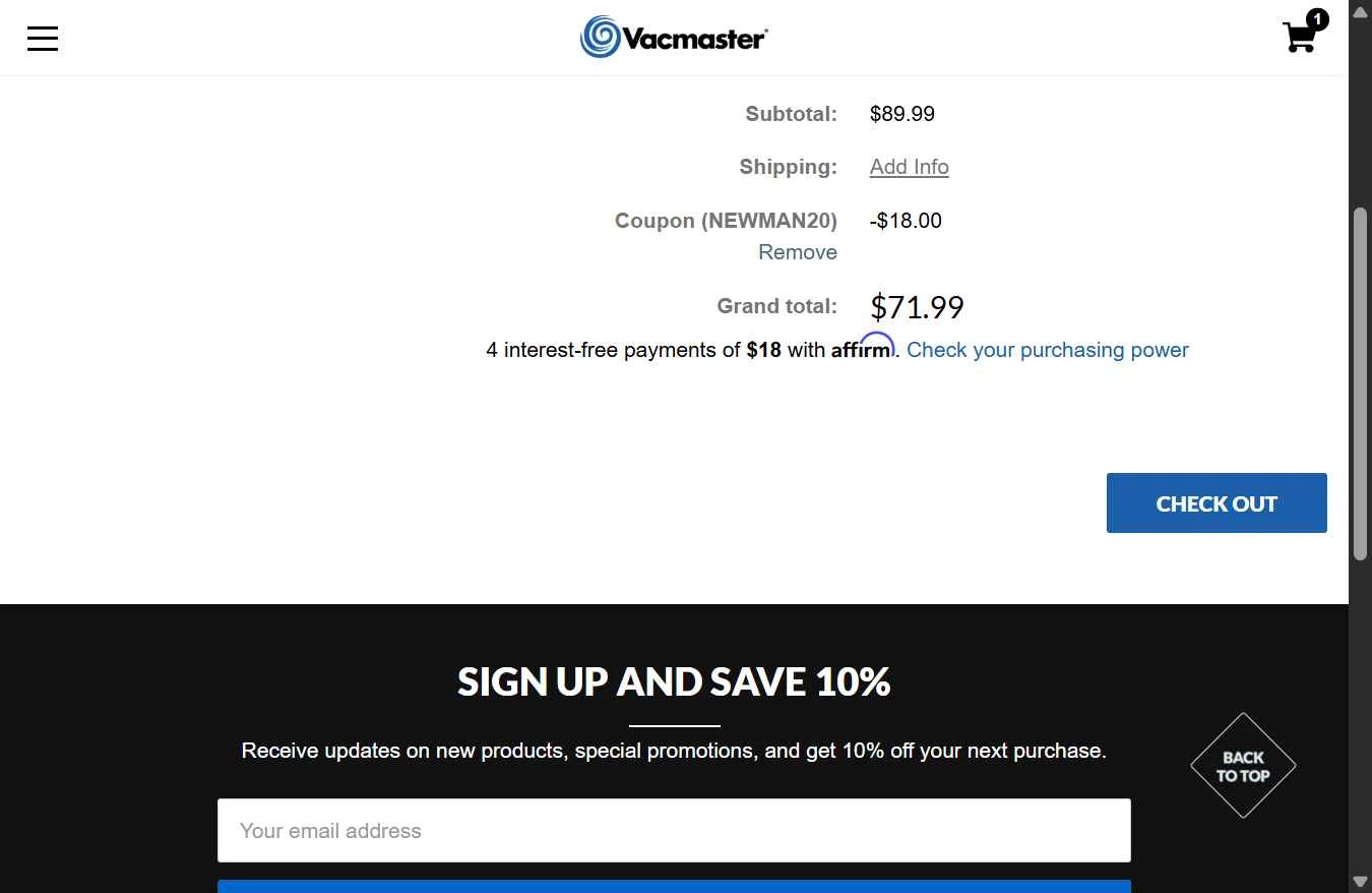 Vacmaster checkout page showing Vacmaster coupon code box | Screenshot taken by SimplyCodes community member on Nov 2, 2025