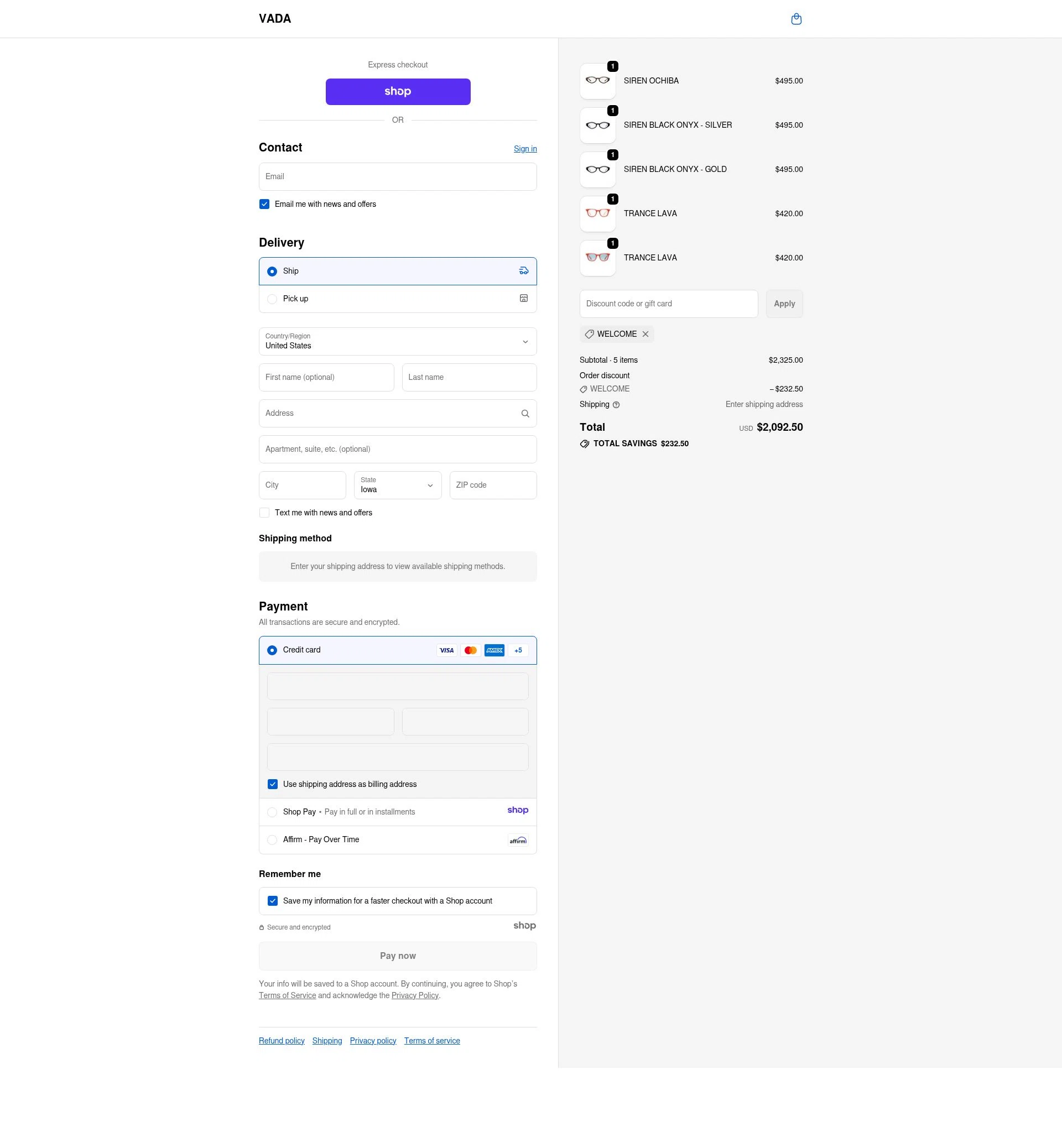 Vada Jewelry checkout page showing Vada Jewelry promo code box | Screenshot taken by SimplyCodes community member on Nov 22, 2025