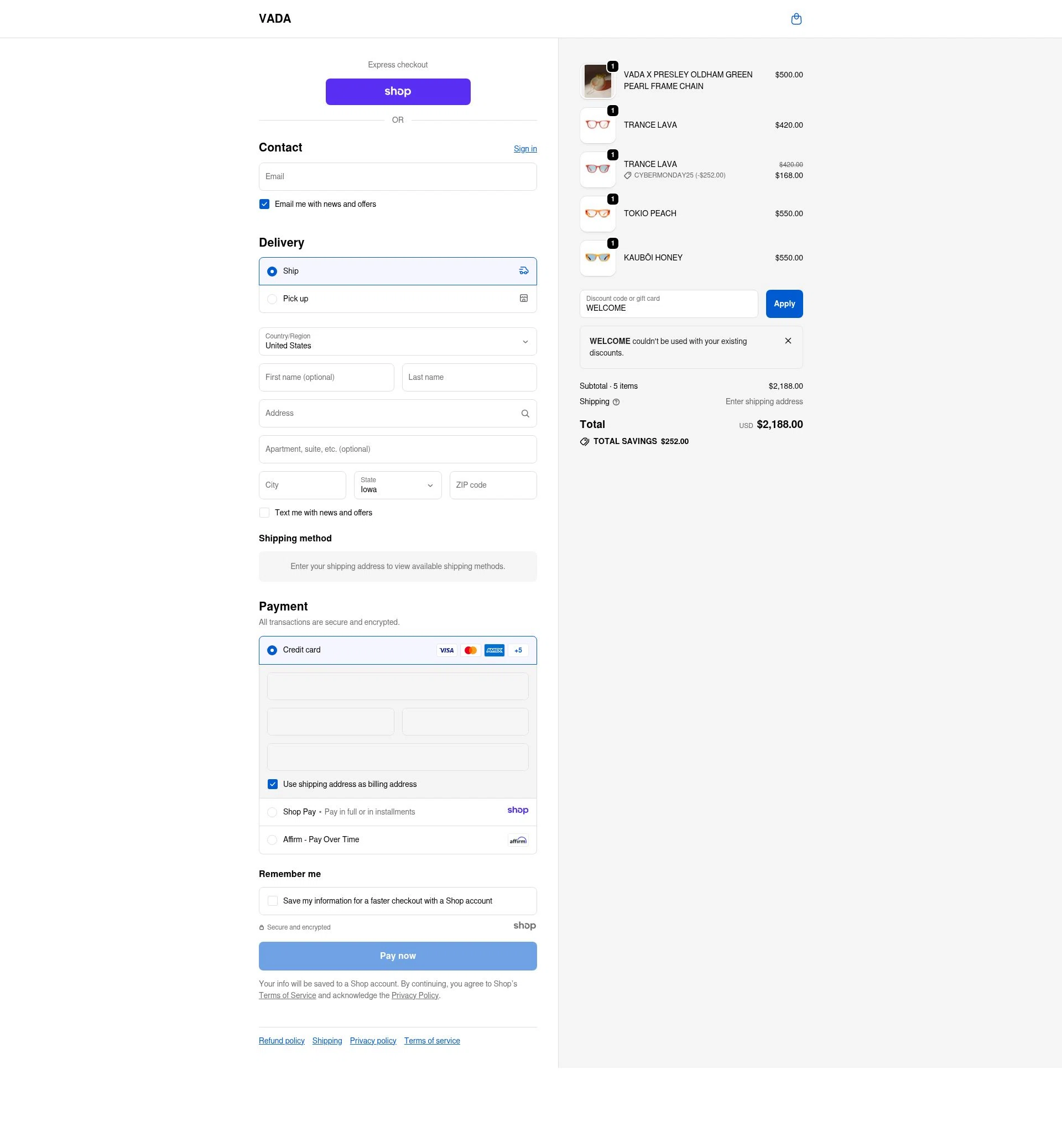 Vada Jewelry checkout page showing Vada Jewelry promo code box | Screenshot taken by SimplyCodes community member on Dec 3, 2025