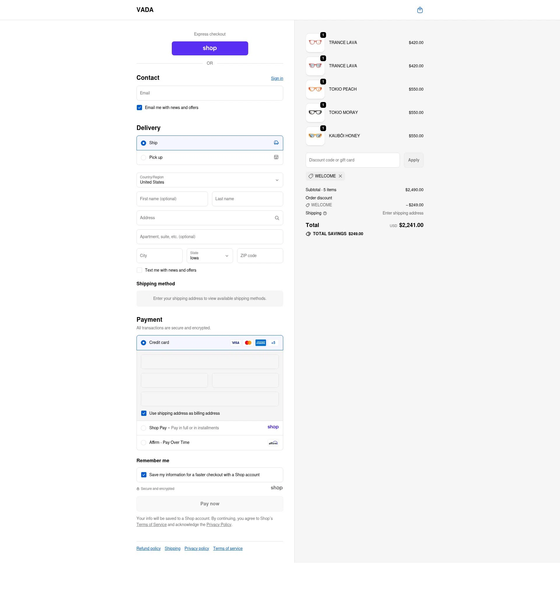Vada Jewelry checkout page showing Vada Jewelry promo code box | Screenshot taken by SimplyCodes community member on Nov 12, 2025