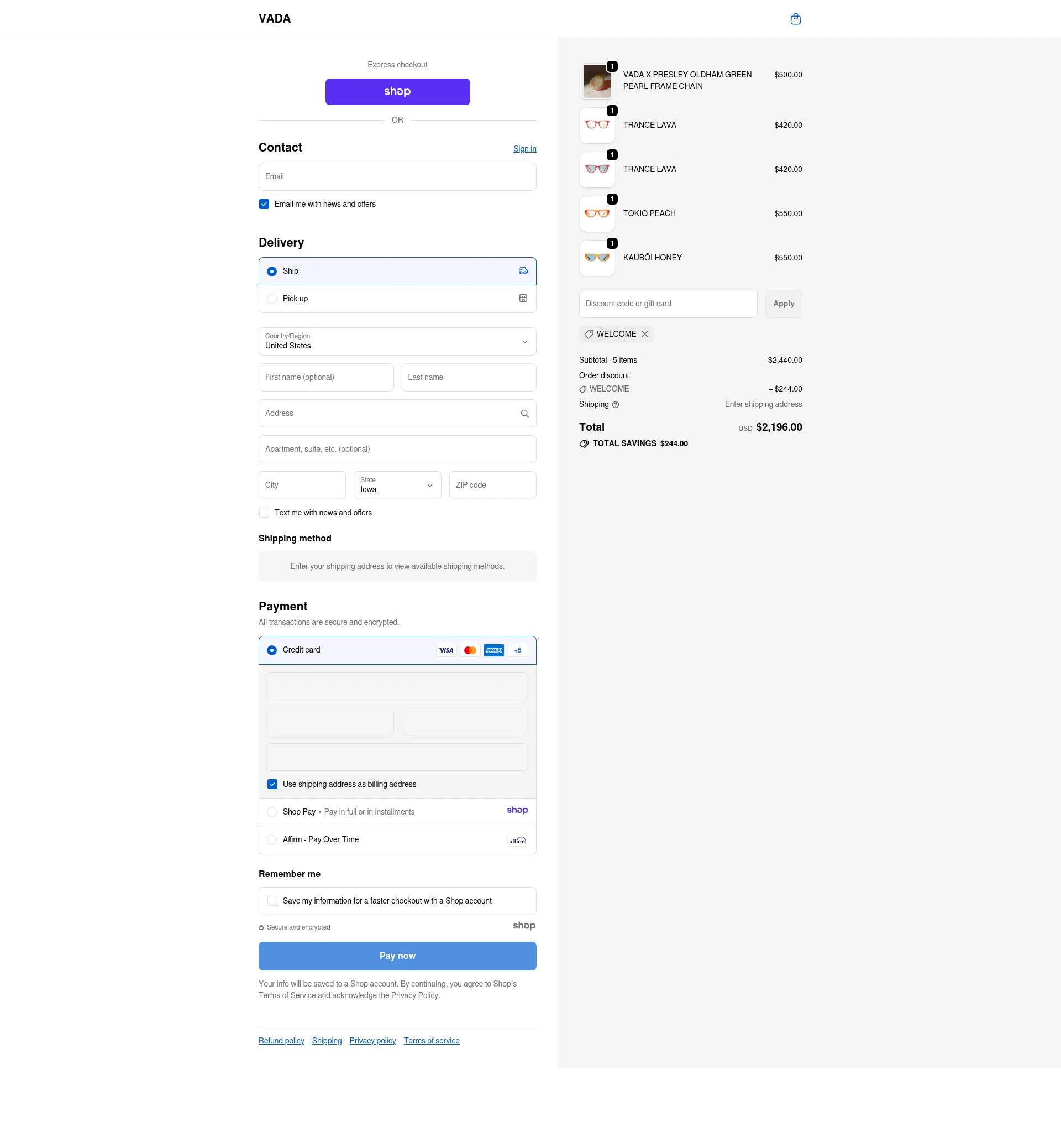 Vada Jewelry checkout page showing Vada Jewelry promo code box | Screenshot taken by SimplyCodes community member on Dec 8, 2025