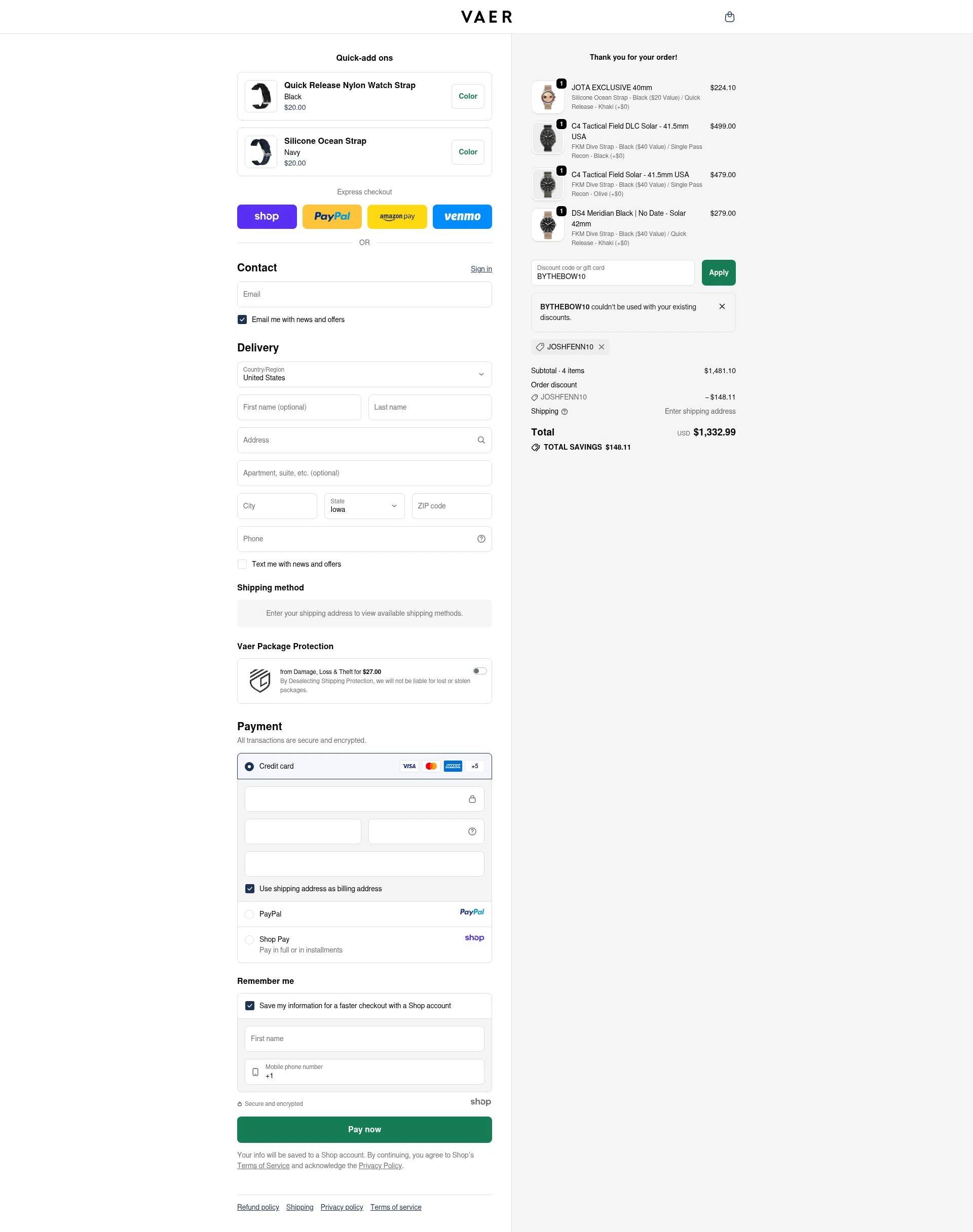 Vaer checkout page showing Vaer discount code box | Screenshot taken by SimplyCodes community member on Oct 26, 2025