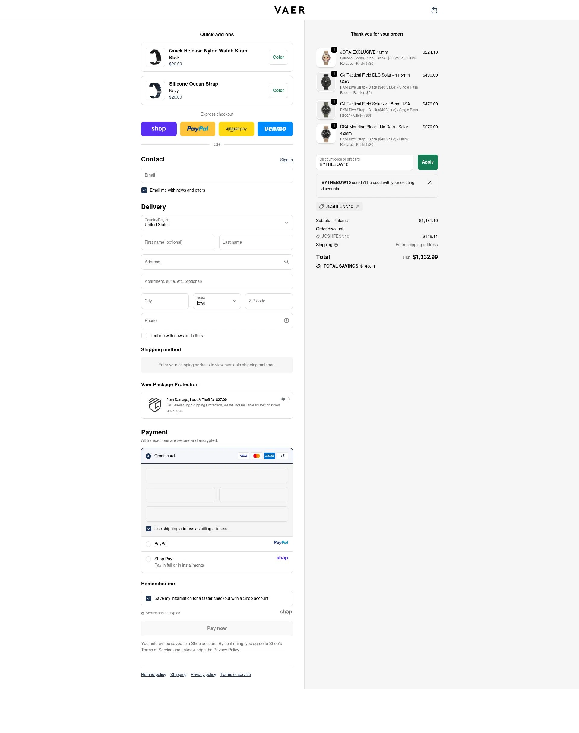 Vaer checkout page showing Vaer discount code box | Screenshot taken by SimplyCodes community member on Oct 18, 2025
