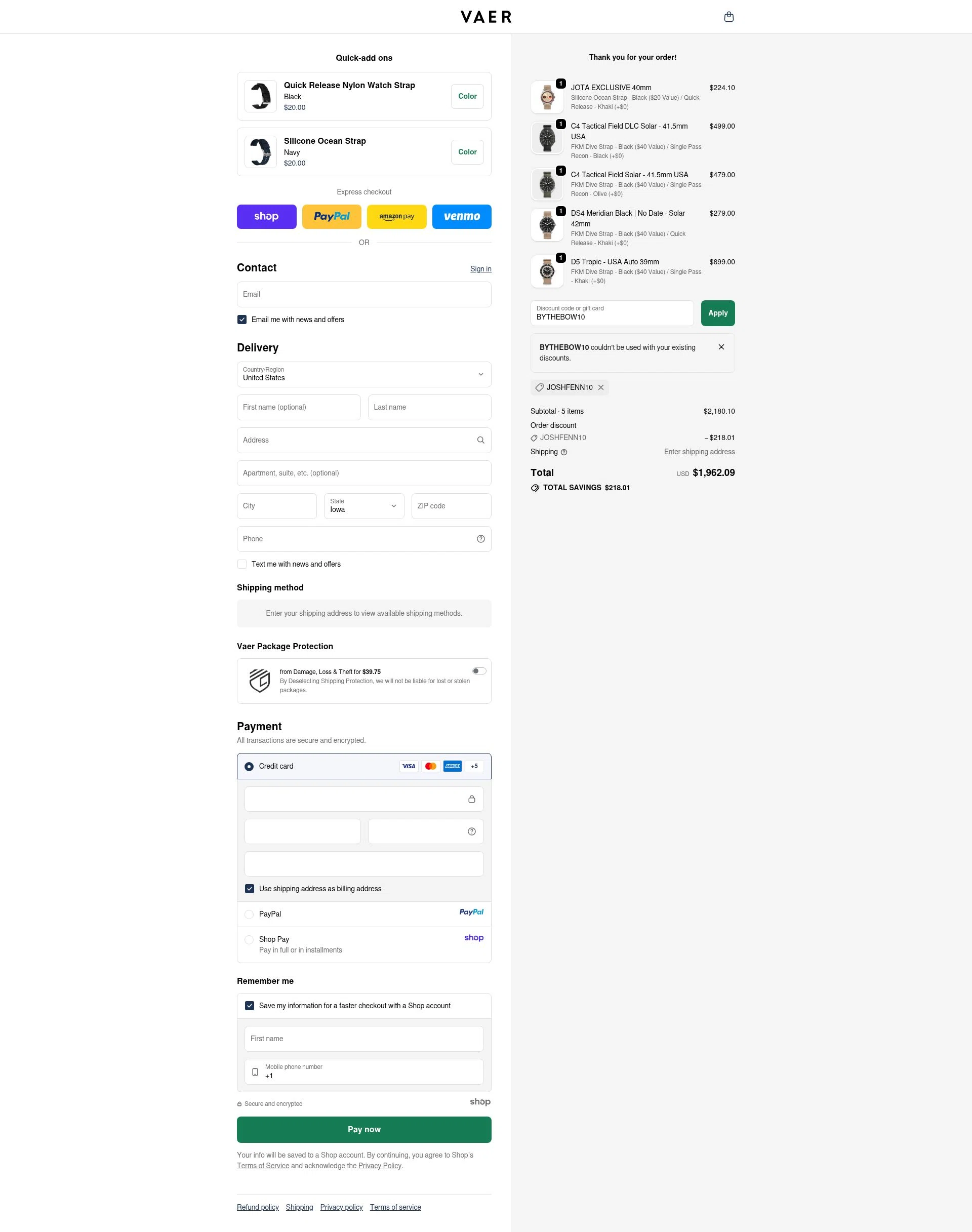 Vaer checkout page showing Vaer discount code box | Screenshot taken by SimplyCodes community member on Oct 22, 2025