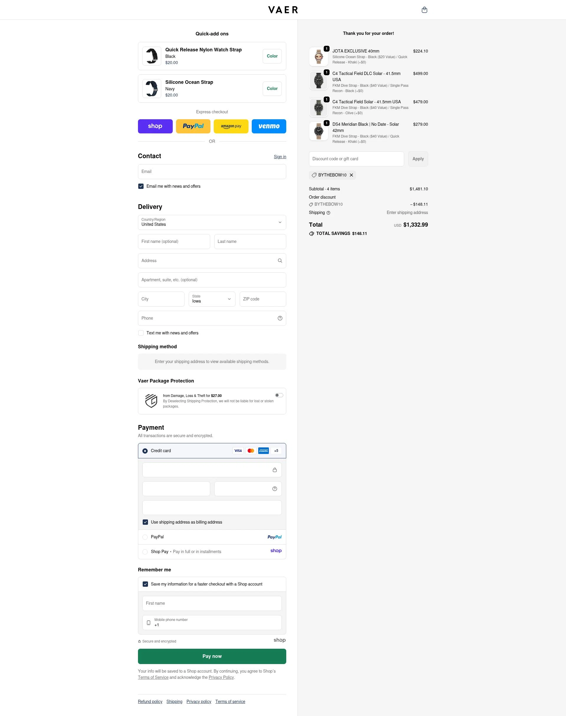Vaer checkout page showing Vaer discount code box | Screenshot taken by SimplyCodes community member on Nov 1, 2025
