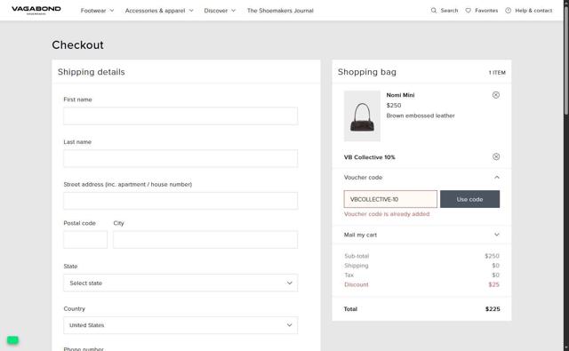 Vagabond checkout page showing Vagabond promo code box | Screenshot taken by SimplyCodes community member on Jul 23, 2025