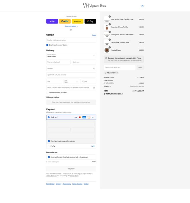 Vagabond House checkout page showing Vagabond House coupon code box | Screenshot taken by SimplyCodes community member on Aug 31, 2025
