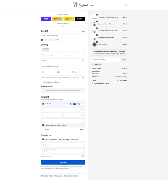 Vagabond House checkout page showing Vagabond House coupon code box | Screenshot taken by SimplyCodes community member on Sep 4, 2025