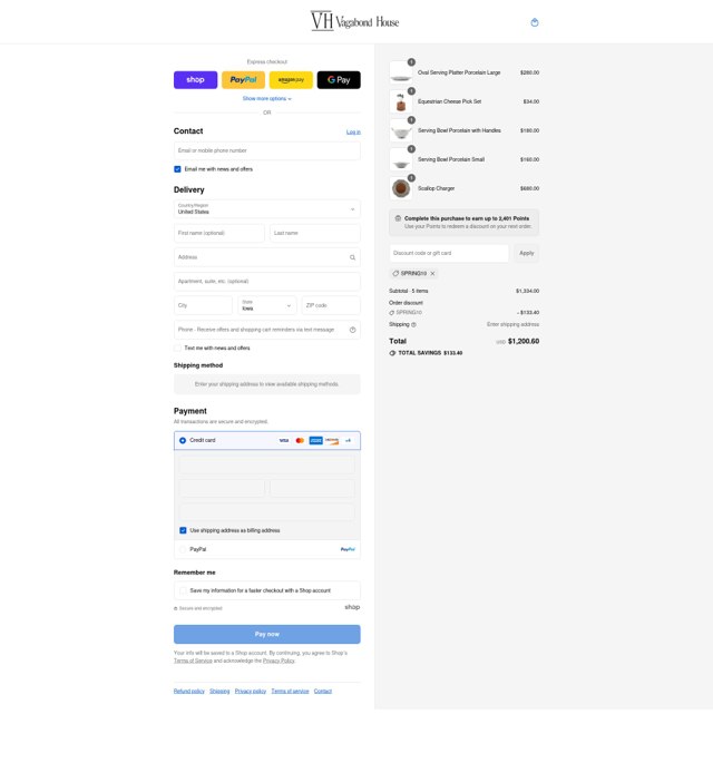 Vagabond House checkout page showing Vagabond House coupon code box | Screenshot taken by SimplyCodes community member on Aug 31, 2025
