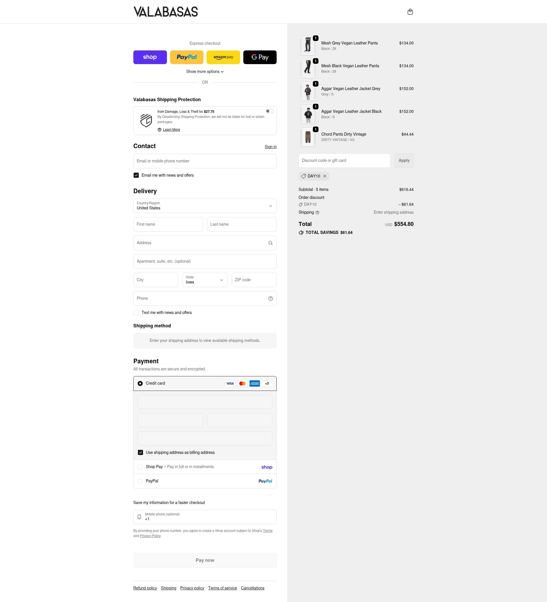 Valabasas Denim checkout page showing Valabasas Denim promo code box | Screenshot taken by SimplyCodes community member on Feb 21, 2026