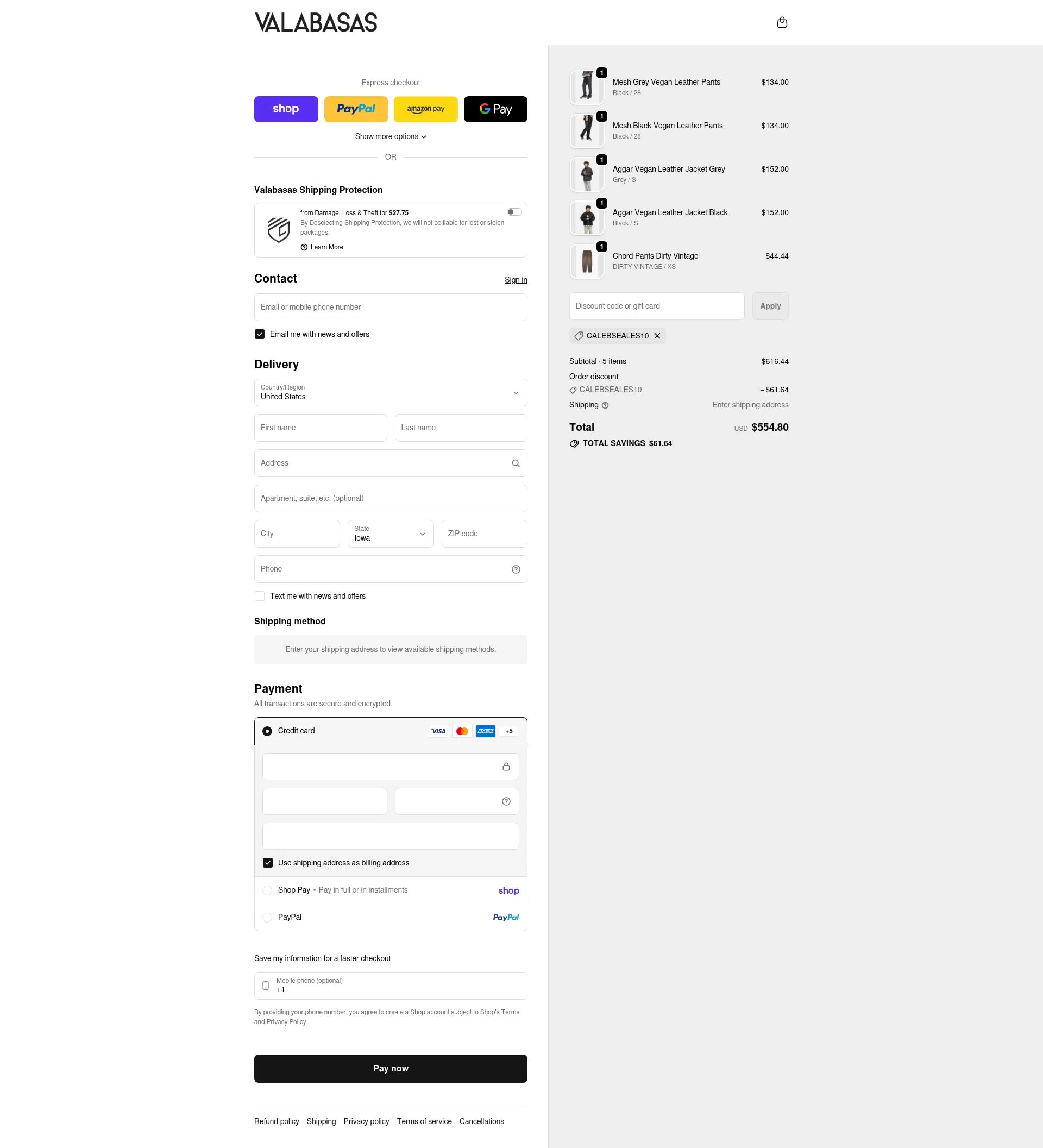 Valabasas Denim checkout page showing Valabasas Denim promo code box | Screenshot taken by SimplyCodes community member on Feb 21, 2026